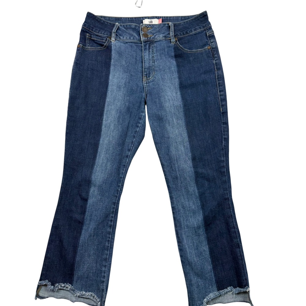 Cabi Hi-Low Crop Jeans Women 12 Blue Two Tone Colorblock Frayed Hem 6281